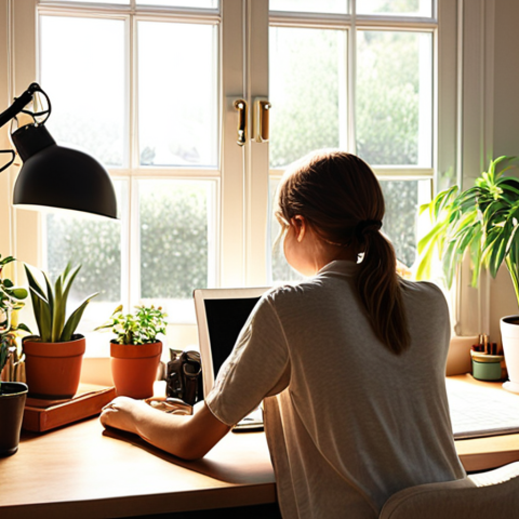 **Image Prompt:** A cozy home office setup with a person working at an ergonomic desk by a sunny window, surrounded by plants and soft lighting. The scene should convey a sense of calm focus and well-being, blurring the lines between a workspace and a personal sanctuary.