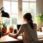**Image Prompt:** A cozy home office setup with a person working at an ergonomic desk by a sunny window, surrounded by plants and soft lighting. The scene should convey a sense of calm focus and well-being, blurring the lines between a workspace and a personal sanctuary.