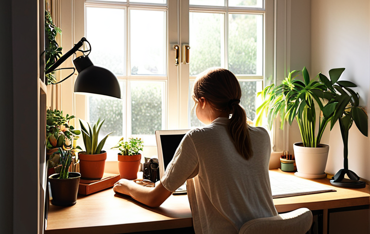 **Image Prompt:** A cozy home office setup with a person working at an ergonomic desk by a sunny window, surrounded by plants and soft lighting. The scene should convey a sense of calm focus and well-being, blurring the lines between a workspace and a personal sanctuary.