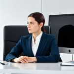 A professional woman in a modest business suit, sitting calmly at a sleek, minimalist desk in a bright, modern office. She is looking at a large monitor displaying organized productivity dashboards, with a subtle expression of focused concentration. The desk is clean and uncluttered, symbolizing mental clarity and efficiency. The lighting is soft and ambient. fully clothed, appropriate attire, safe for work, perfect anatomy, natural proportions, well-formed hands, proper finger count, professional, high quality, appropriate content.