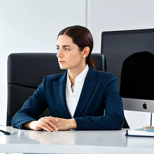 A professional woman in a modest business suit, sitting calmly at a sleek, minimalist desk in a bright, modern office. She is looking at a large monitor displaying organized productivity dashboards, with a subtle expression of focused concentration. The desk is clean and uncluttered, symbolizing mental clarity and efficiency. The lighting is soft and ambient. fully clothed, appropriate attire, safe for work, perfect anatomy, natural proportions, well-formed hands, proper finger count, professional, high quality, appropriate content.