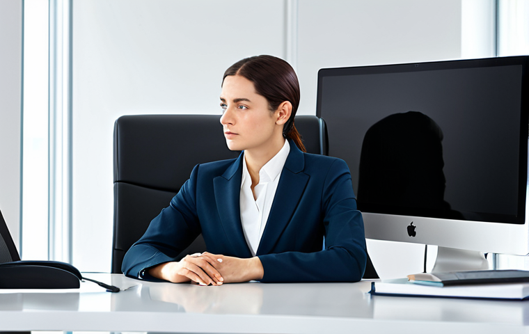 A professional woman in a modest business suit, sitting calmly at a sleek, minimalist desk in a bright, modern office. She is looking at a large monitor displaying organized productivity dashboards, with a subtle expression of focused concentration. The desk is clean and uncluttered, symbolizing mental clarity and efficiency. The lighting is soft and ambient. fully clothed, appropriate attire, safe for work, perfect anatomy, natural proportions, well-formed hands, proper finger count, professional, high quality, appropriate content.
